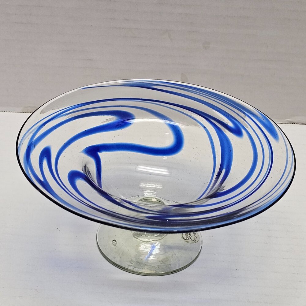 Glass Mouth Blown Decor Serve Swirled Marble Cobalt Blue Dish Bowl Folk Art